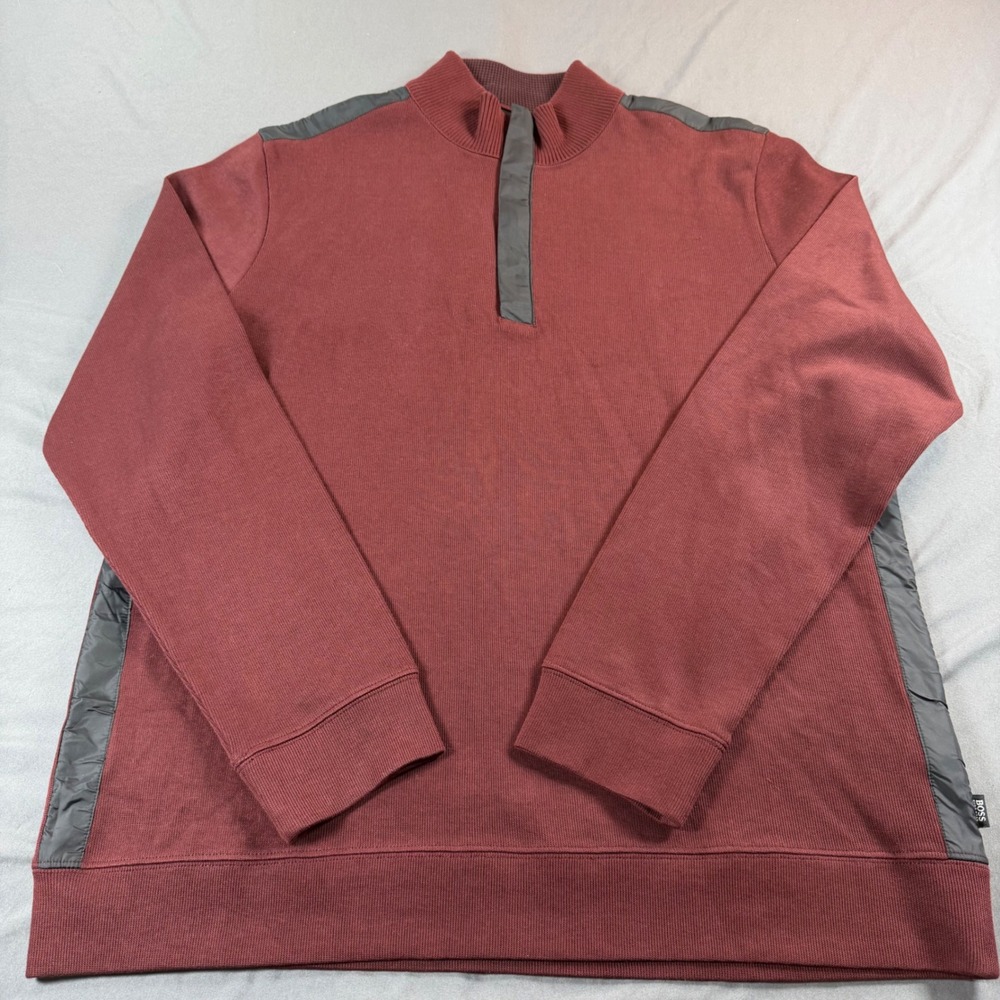 Hugo Boss Mens XL Quarter Zip Pullover Burgundy Red Contrast Panel Mock Neck